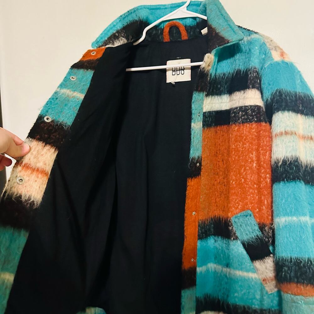 BDG Women's Brushed Fuzzy Wool Blend Oversized Teal Plaid Jacket Size Small - Picture 9 of 14